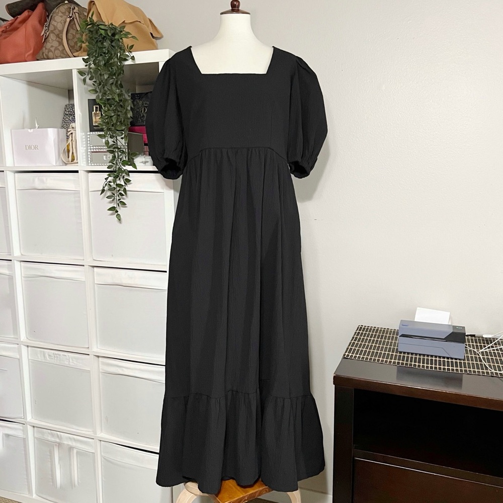 Molby The Label Textured Tiered Maxii Dress Puff Sleeve Classic Black Size 8